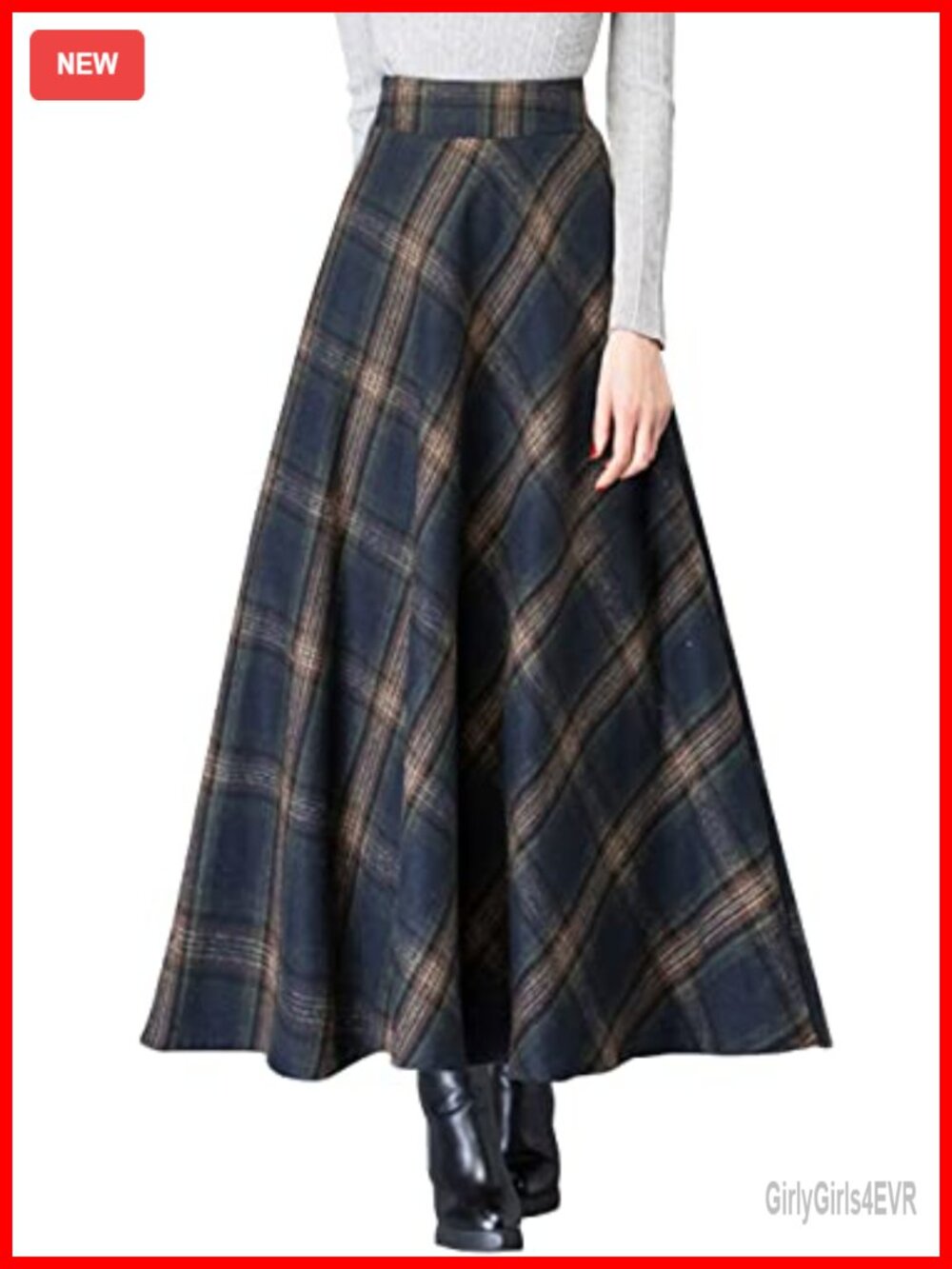 Wool Blend Plaid A-Line Maxi Skirt with Pockets